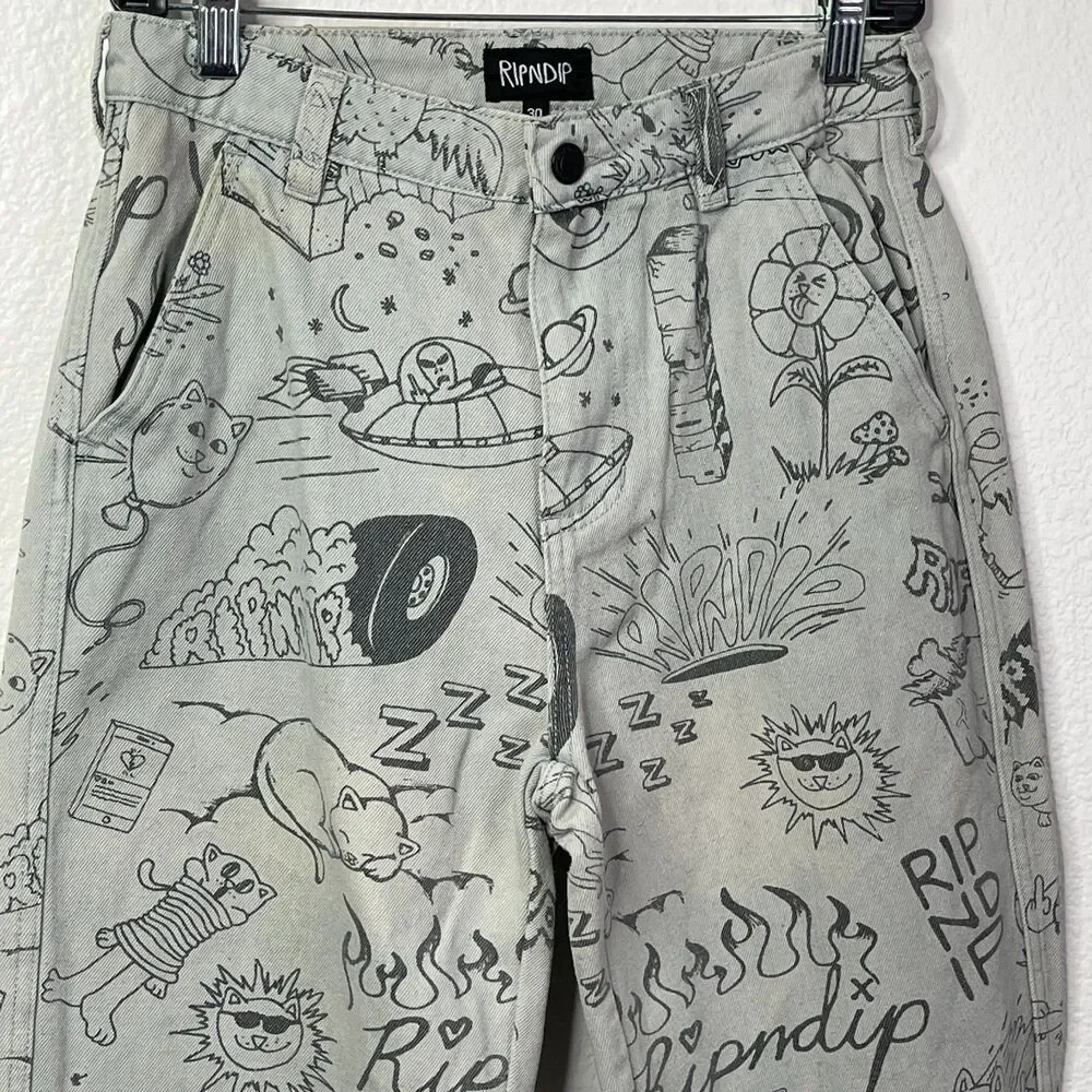 RipNDip Gray Doodle Print Jeans Unisex‎ Size 30